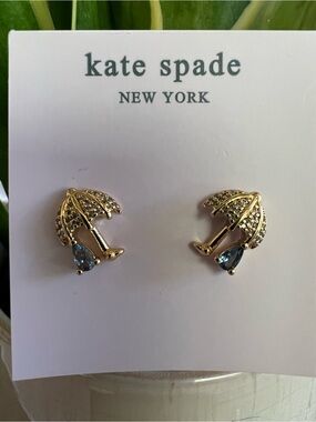 kate spade Gold Umbrella Stud Earrings with Blue as raindrops